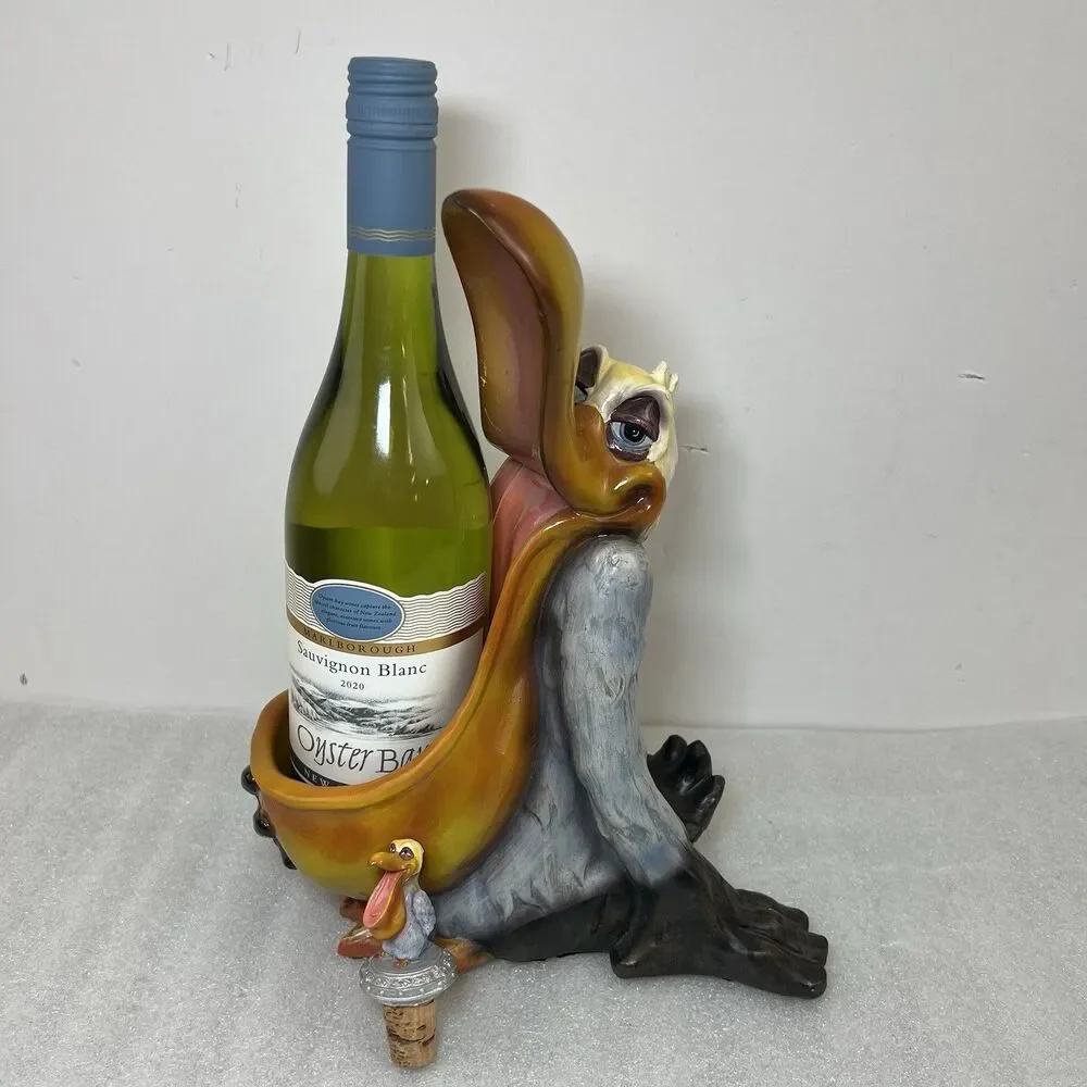 Vtg Pelican Wine Bottle Holder W Cork Topper Tabletop Decoration 12” Beach Decor